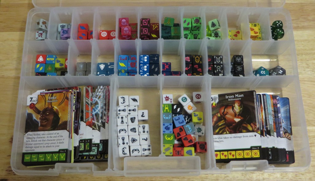 The Dice Masters game is conveniently stored in a Plano 27-compartment container from Home Depot